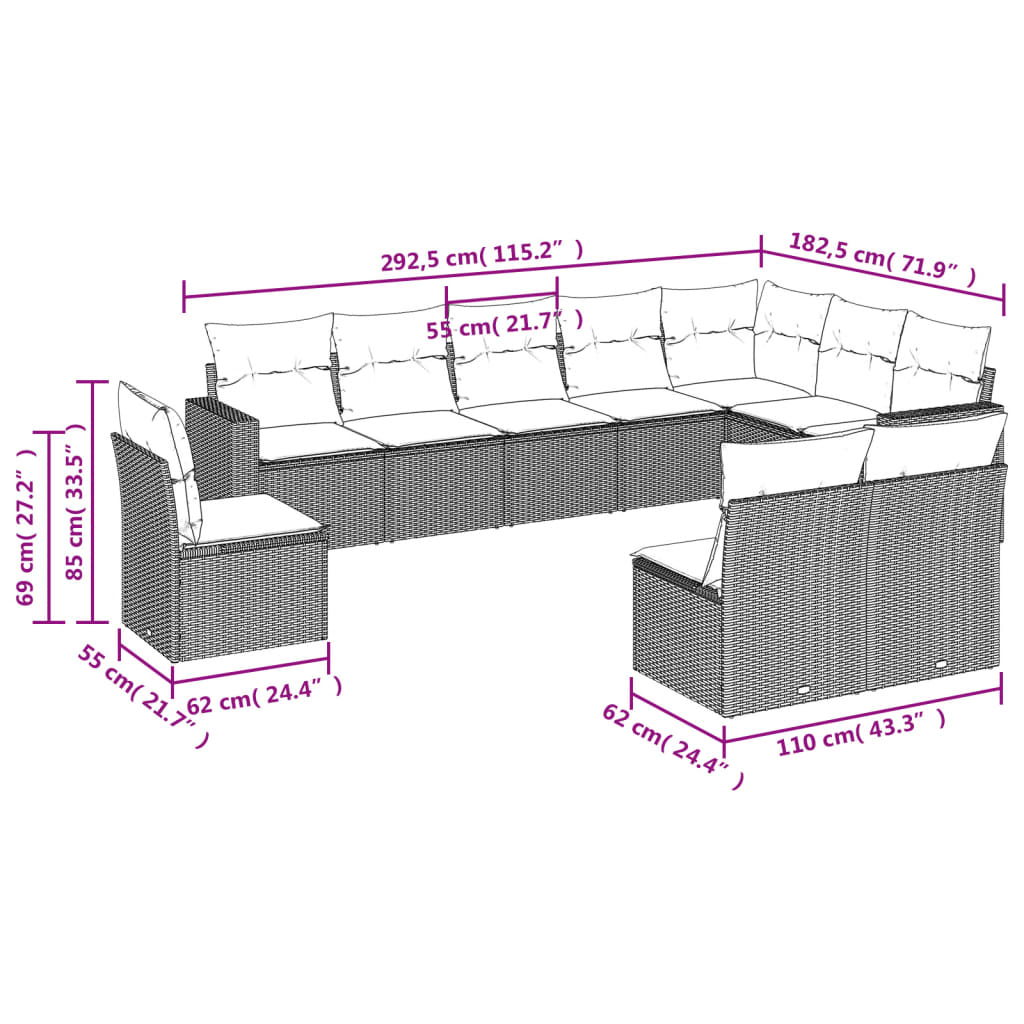 10-tlg. Garten-Sofagarnitur mit Kissen Schwarz Poly Rattan