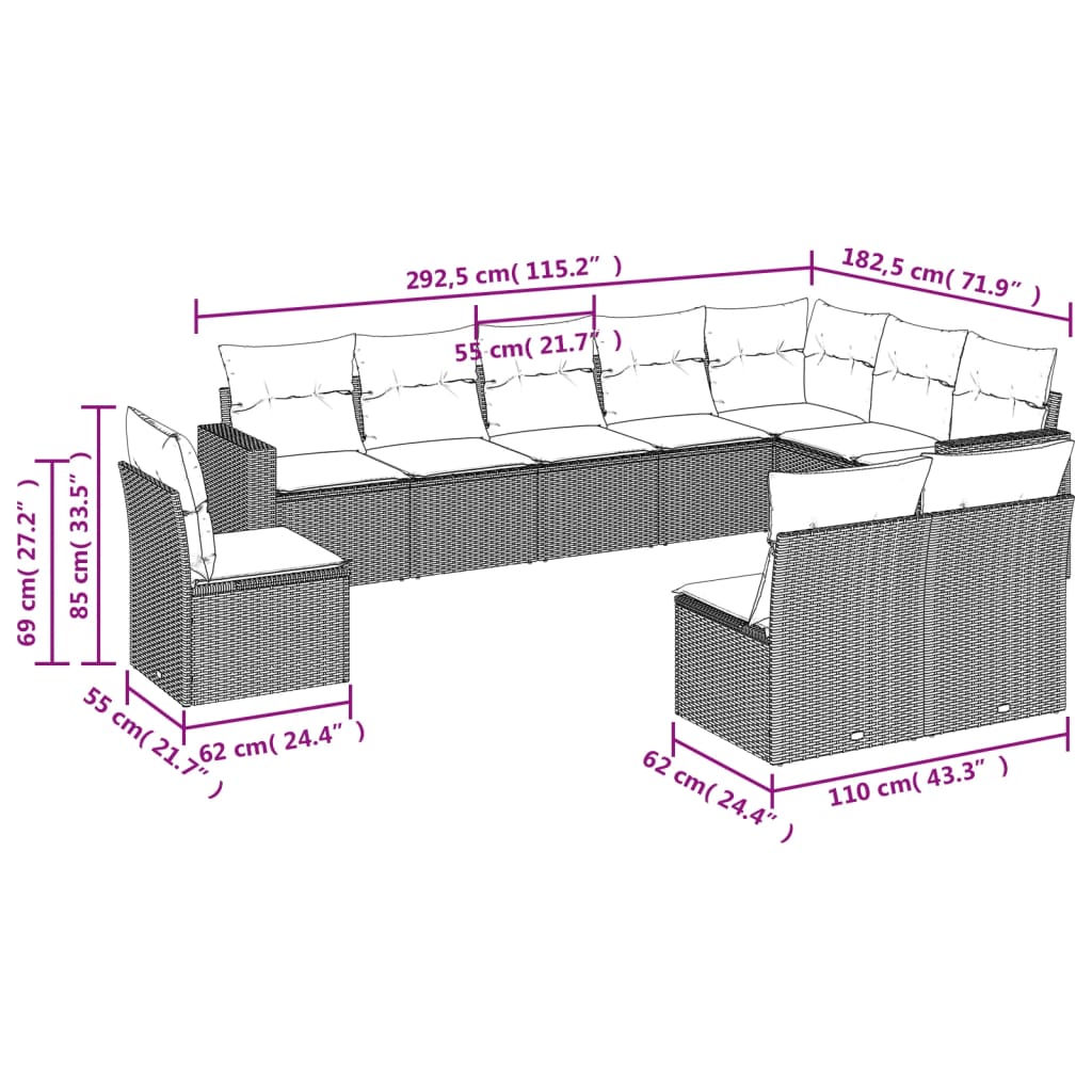 10-tlg. Garten-Sofagarnitur mit Kissen Grau Poly Rattan - Pazzar.ch