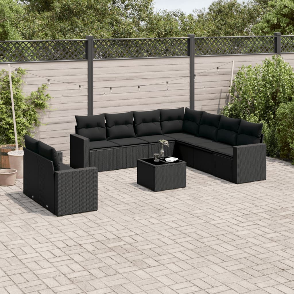 10-tlg. Garten-Sofagarnitur mit Kissen Schwarz Poly Rattan - Pazzar.ch