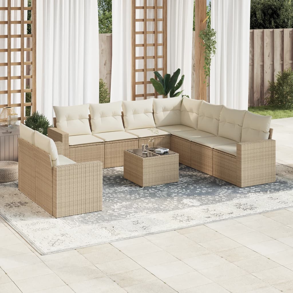 10-tlg. Garten-Sofagarnitur mit Kissen Beige Poly Rattan - Pazzar.ch