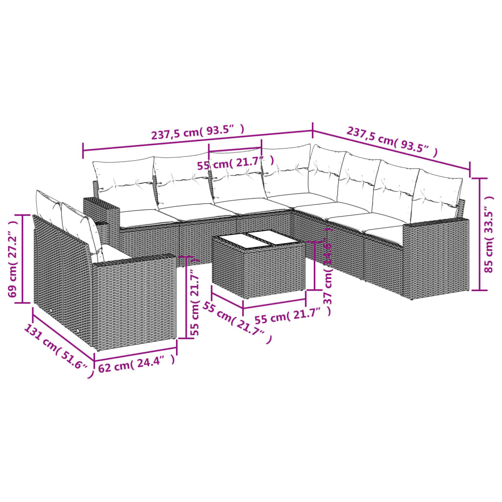 10-tlg. Garten-Sofagarnitur mit Kissen Hellgrau Poly Rattan - Pazzar.ch