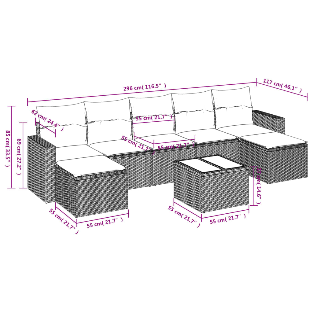 8-tlg. Garten-Sofagarnitur mit Kissen Hellgrau Poly Rattan - Pazzar.ch