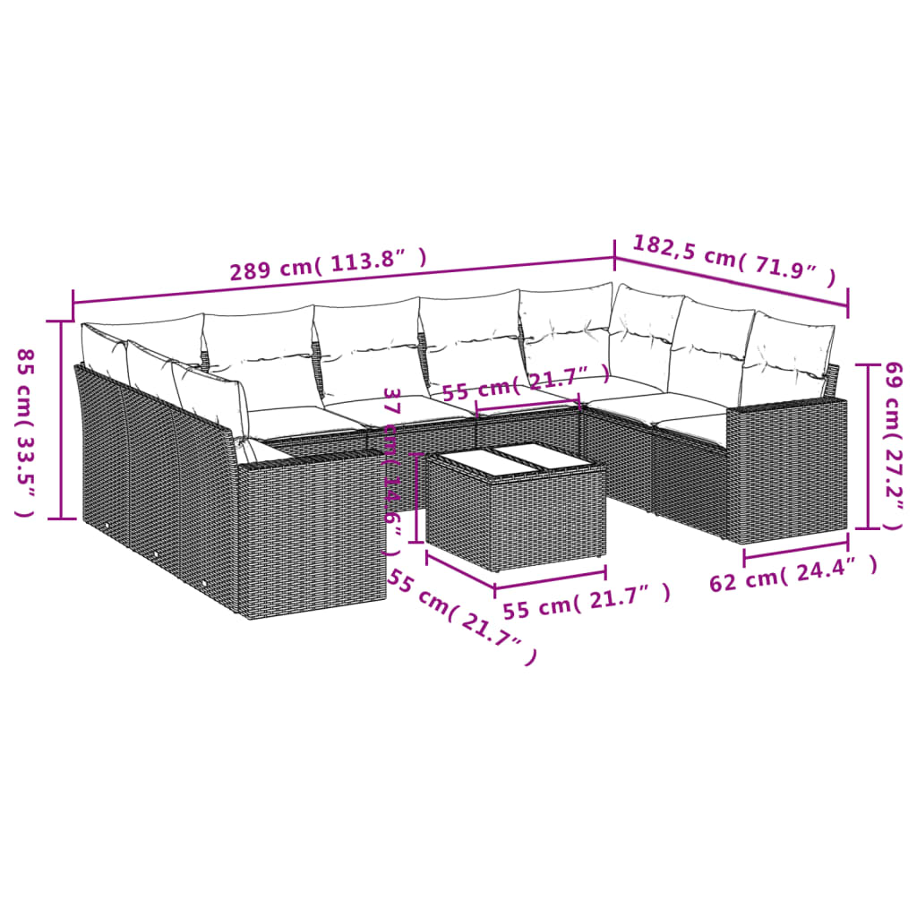 10-tlg. Garten-Sofagarnitur mit Kissen Schwarz Poly Rattan - Pazzar.ch