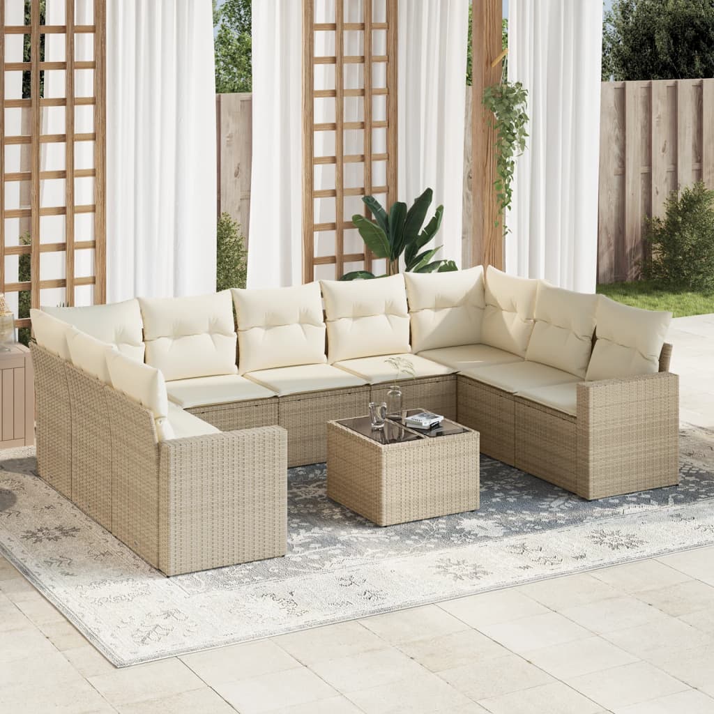 10-tlg. Garten-Sofagarnitur mit Kissen Beige Poly Rattan - Pazzar.ch