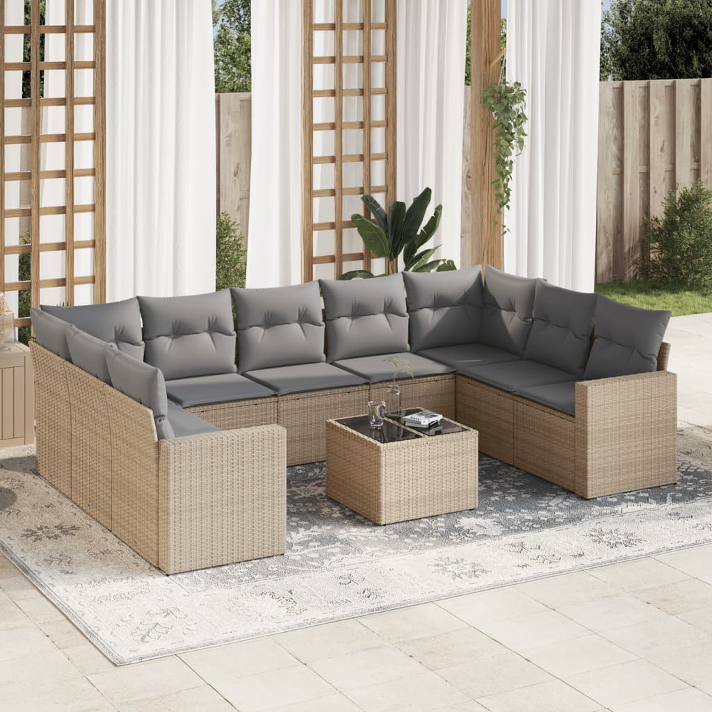 10-tlg. Garten-Sofagarnitur mit Kissen Beige Poly Rattan - Pazzar.ch