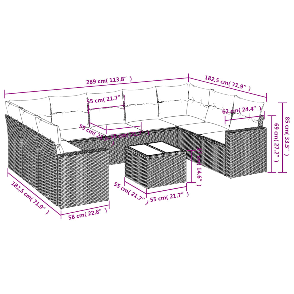 10-tlg. Garten-Sofagarnitur mit Kissen Grau Poly Rattan - Pazzar.ch