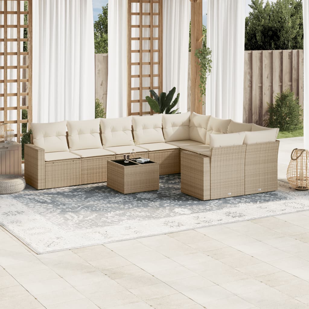 10-tlg. Garten-Sofagarnitur mit Kissen Beige Poly Rattan - Pazzar.ch