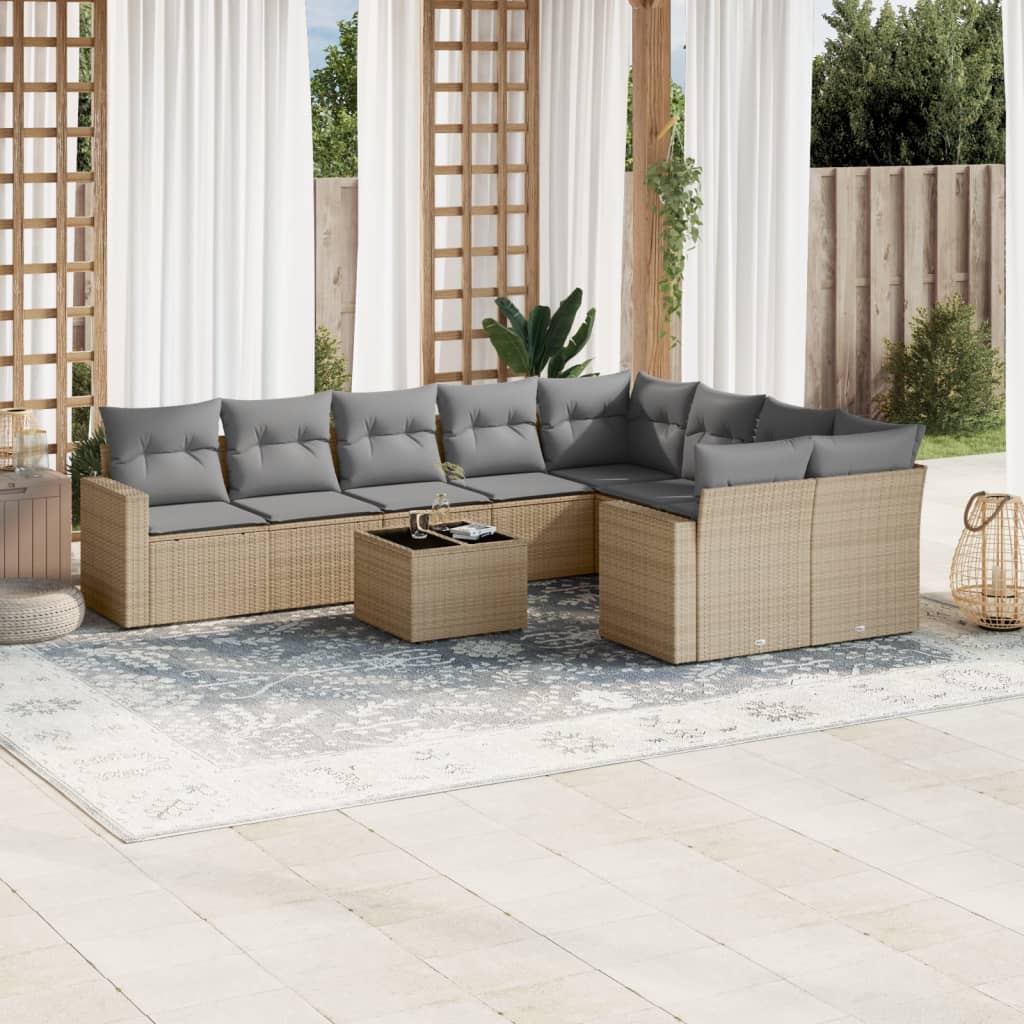 10-tlg. Garten-Sofagarnitur mit Kissen Beige Poly Rattan - Pazzar.ch