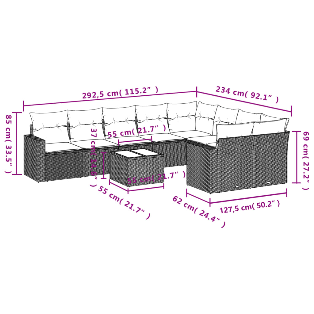 10-tlg. Garten-Sofagarnitur mit Kissen Grau Poly Rattan - Pazzar.ch