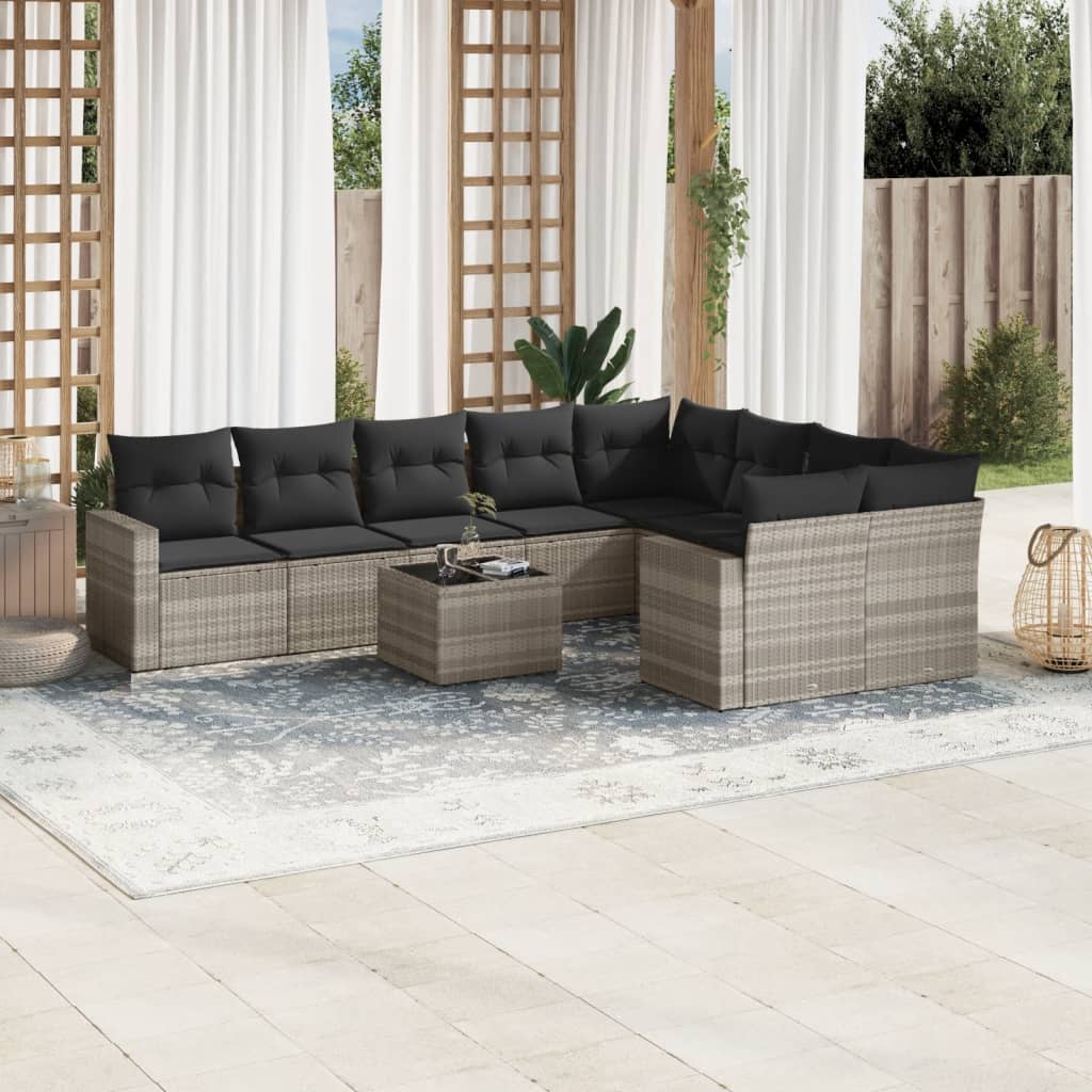 10-tlg. Garten-Sofagarnitur mit Kissen Hellgrau Poly Rattan