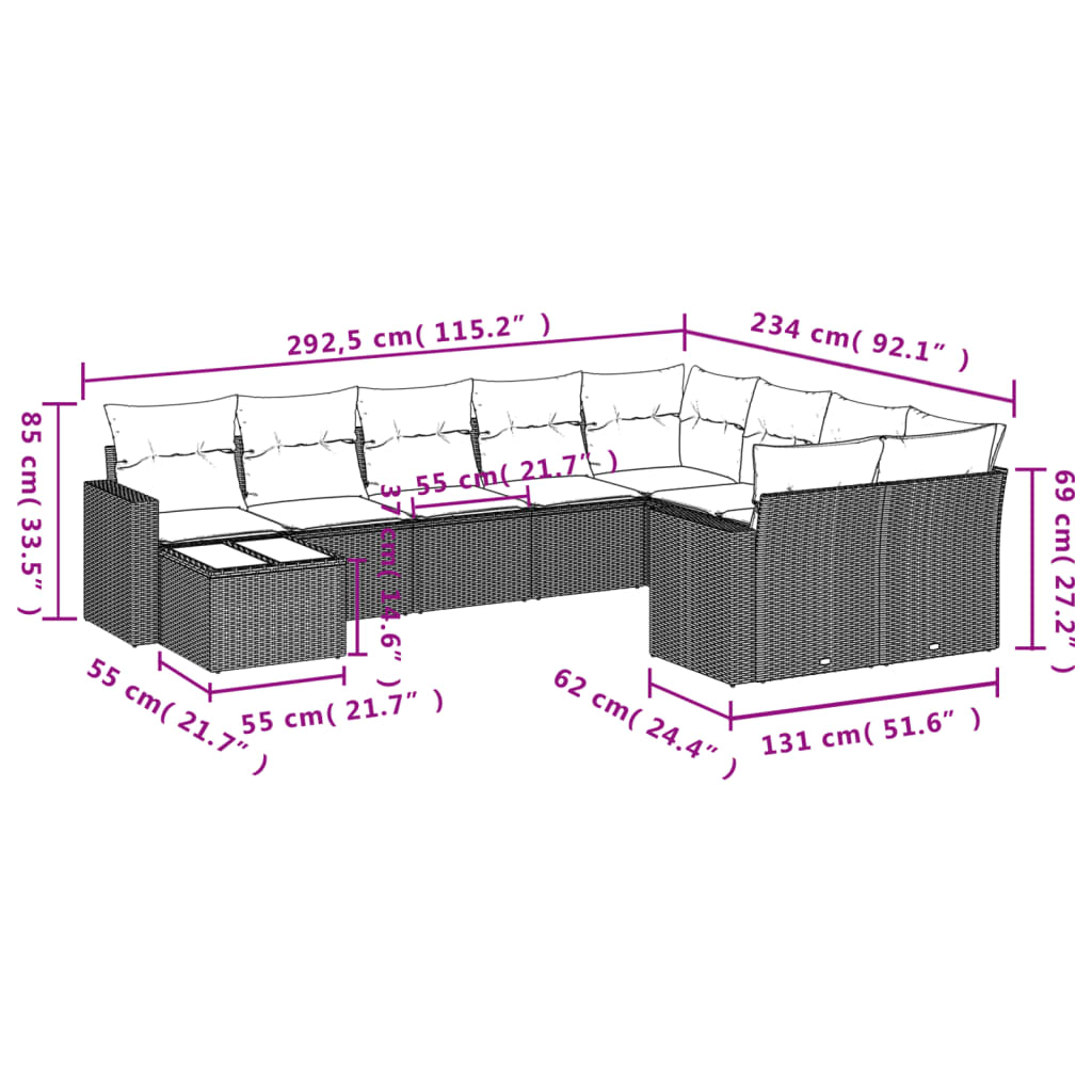 10-tlg. Garten-Sofagarnitur mit Kissen Schwarz Poly Rattan - Pazzar.ch