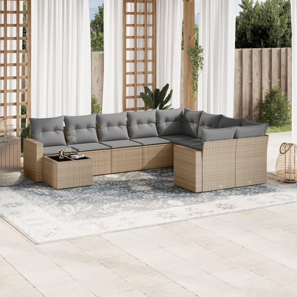 10-tlg. Garten-Sofagarnitur mit Kissen Beige Poly Rattan - Pazzar.ch