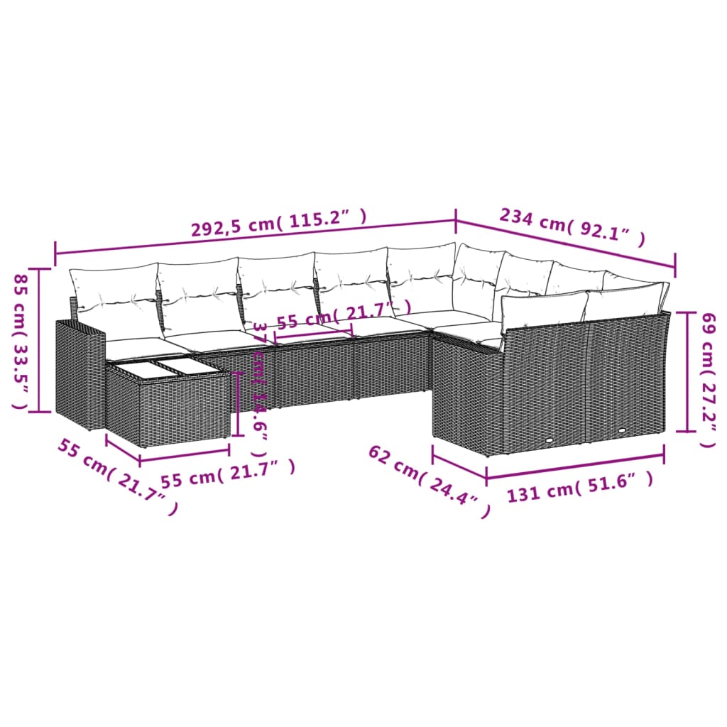 10-tlg. Garten-Sofagarnitur mit Kissen Grau Poly Rattan - Pazzar.ch