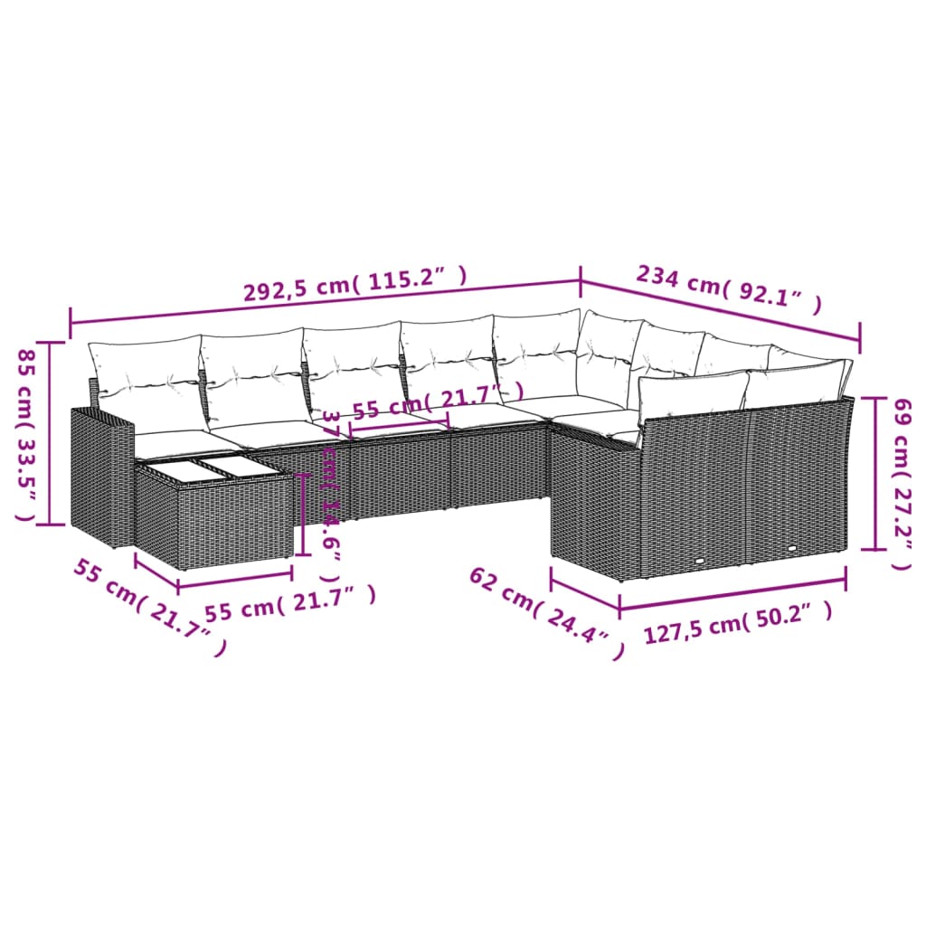 10-tlg. Garten-Sofagarnitur mit Kissen Hellgrau Poly Rattan - Pazzar.ch