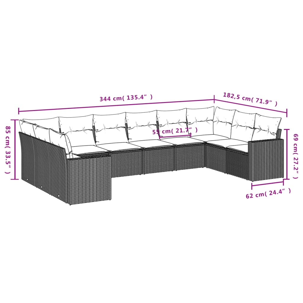 10-tlg. Garten-Sofagarnitur mit Kissen Schwarz Poly Rattan