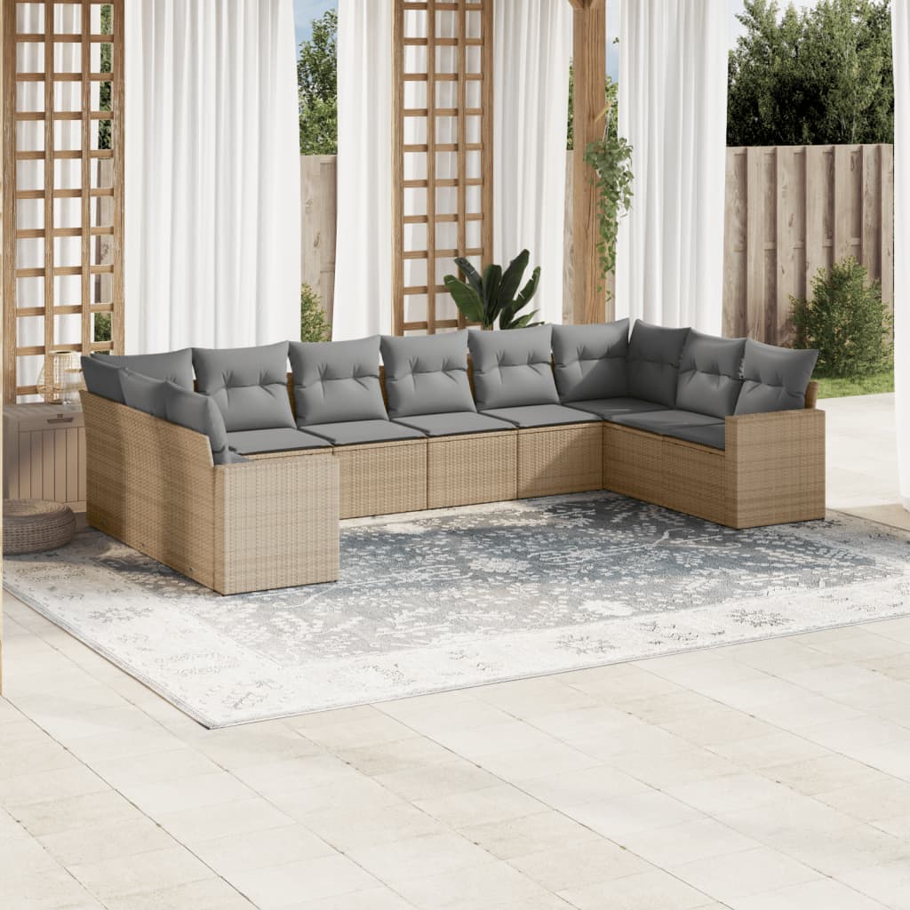 10-tlg. Garten-Sofagarnitur mit Kissen Beige Poly Rattan - Pazzar.ch