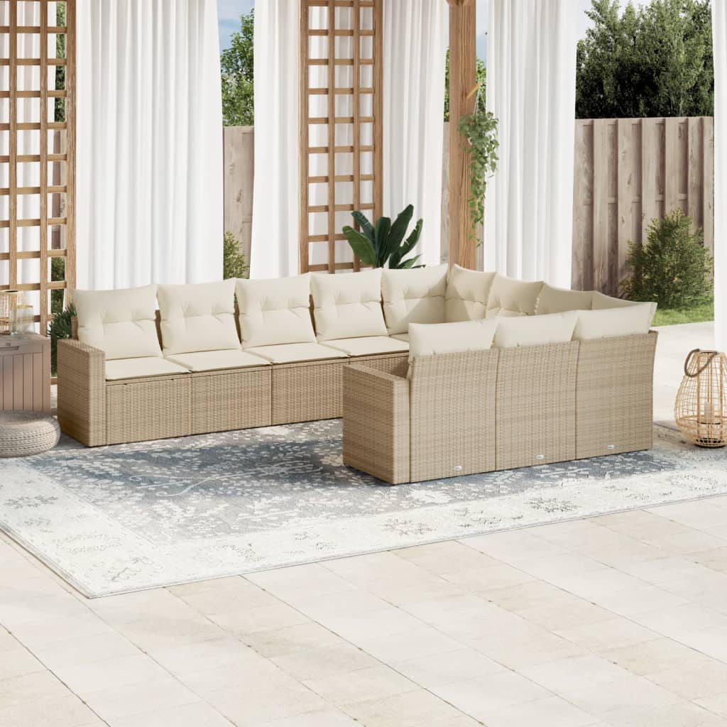 10-tlg. Garten-Sofagarnitur mit Kissen Beige Poly Rattan - Pazzar.ch