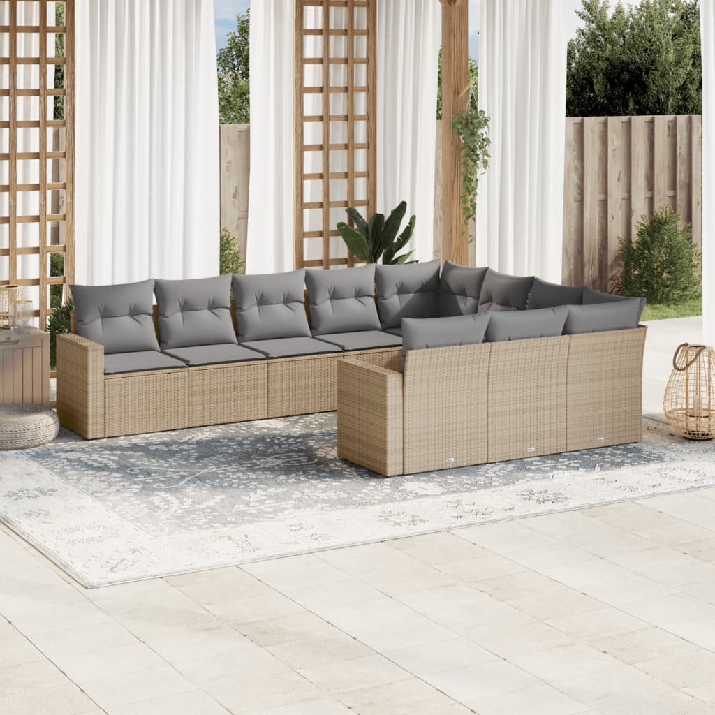 10-tlg. Garten-Sofagarnitur mit Kissen Beige Poly Rattan - Pazzar.ch