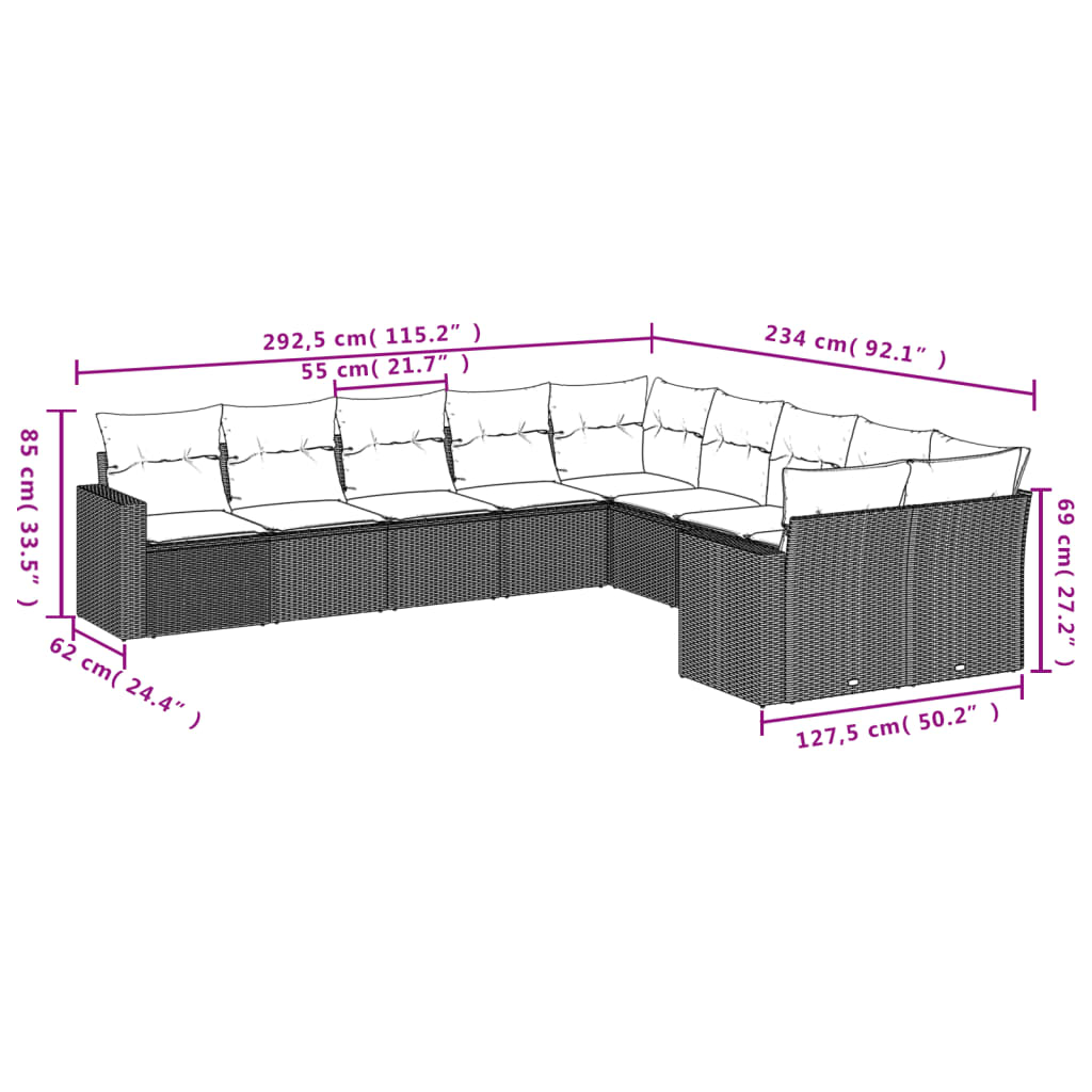 10-tlg. Garten-Sofagarnitur mit Kissen Schwarz Poly Rattan - Pazzar.ch