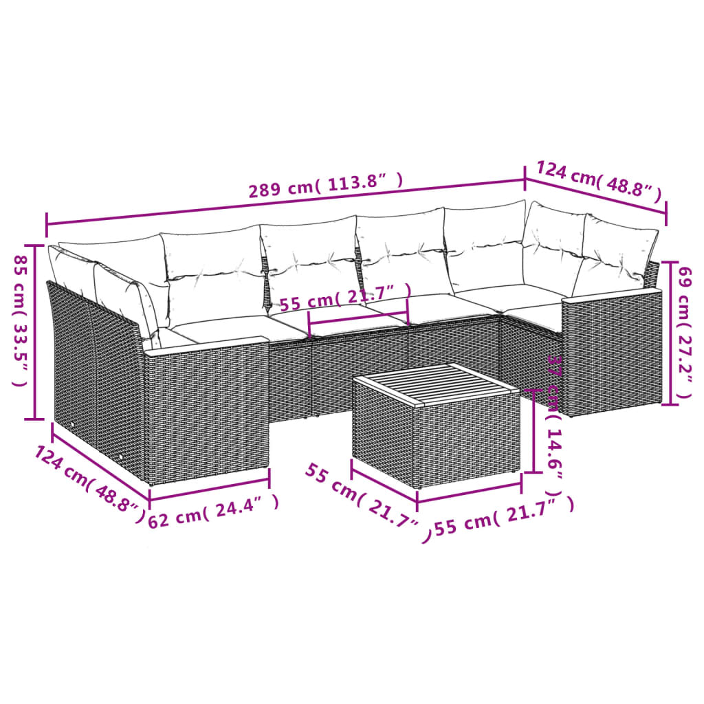 8-tlg. Garten-Sofagarnitur mit Kissen Grau Poly Rattan - Pazzar.ch
