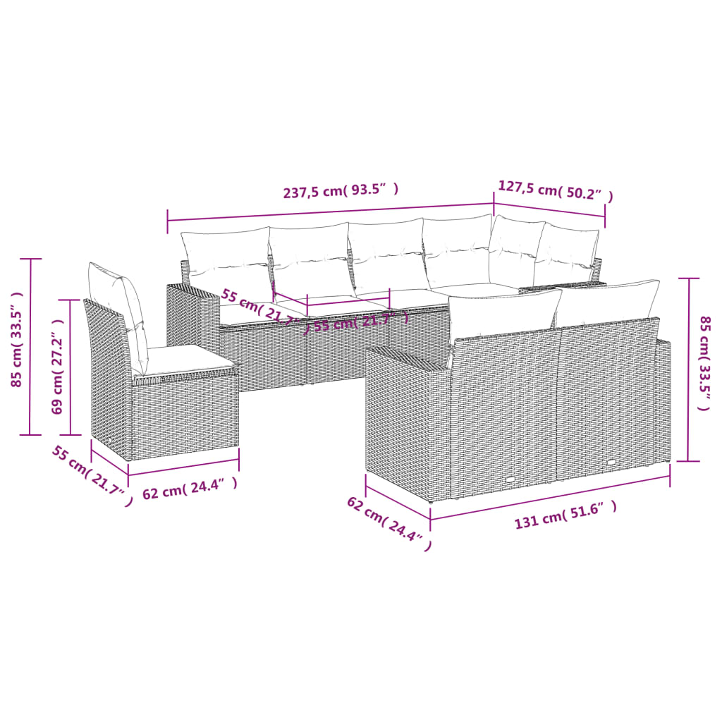 8-tlg. Garten-Sofagarnitur mit Kissen Braun Poly Rattan - Pazzar.ch
