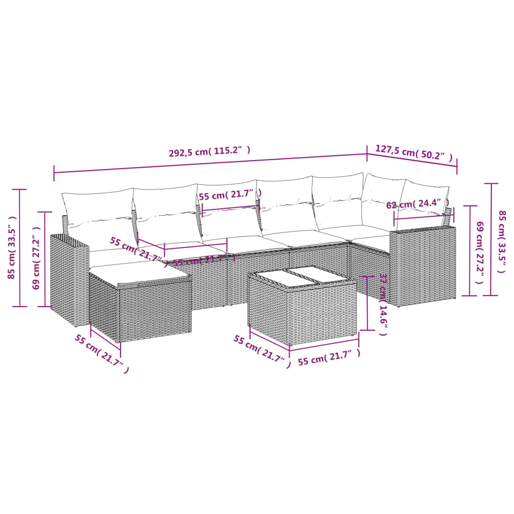 8-tlg. Garten-Sofagarnitur mit Kissen Hellgrau Poly Rattan - Pazzar.ch