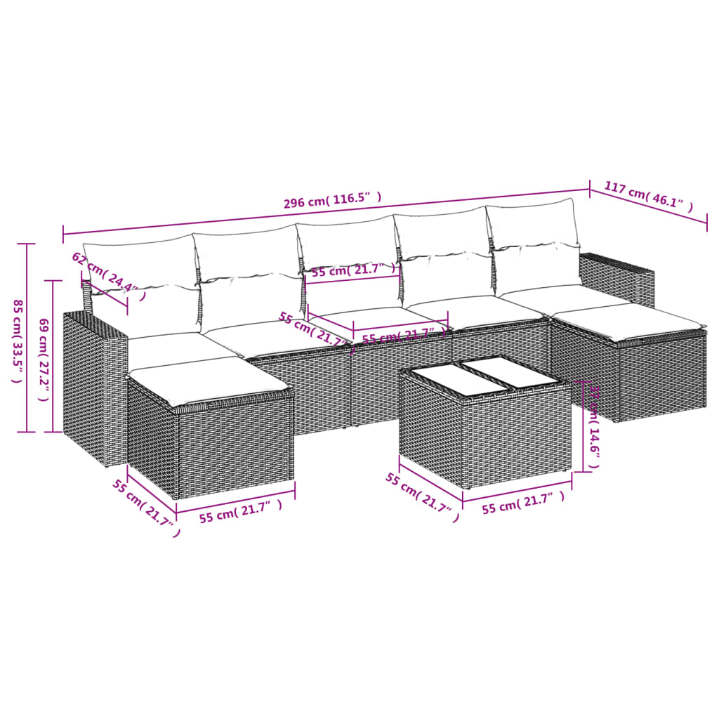 8-tlg. Garten-Sofagarnitur mit Kissen Hellgrau Poly Rattan - Pazzar.ch