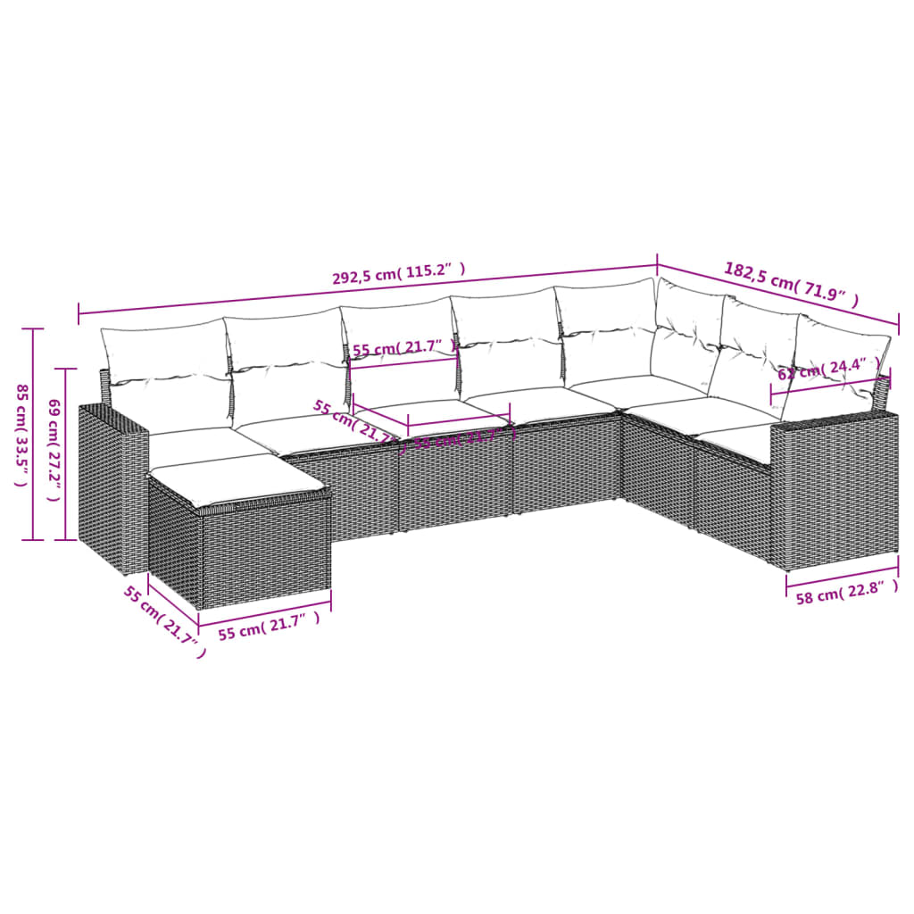 8-tlg. Garten-Sofagarnitur mit Kissen Hellgrau Poly Rattan - Pazzar.ch