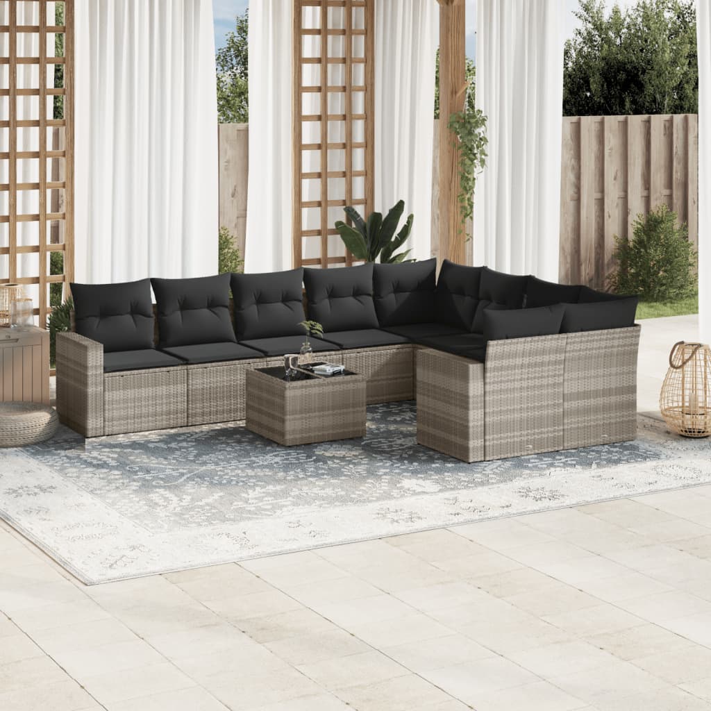 10-tlg. Garten-Sofagarnitur mit Kissen Hellgrau Poly Rattan