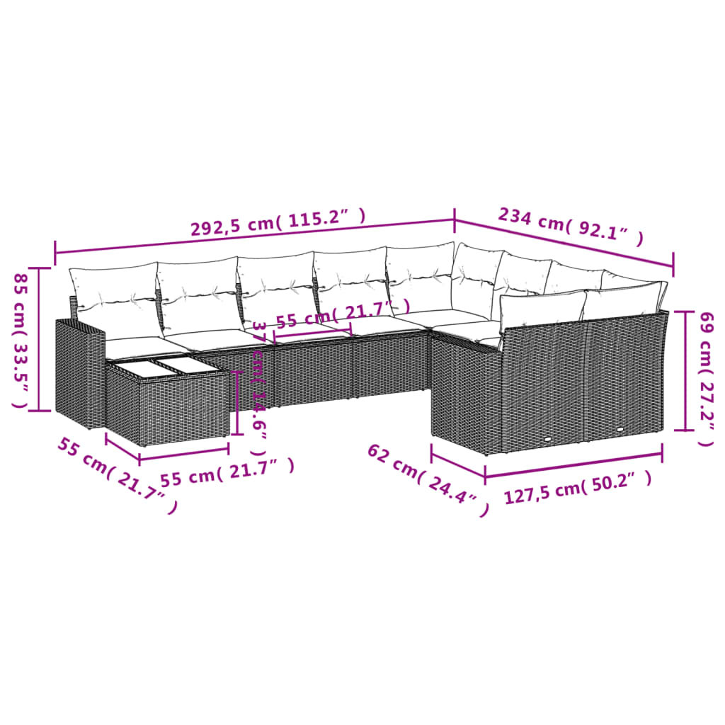 10-tlg. Garten-Sofagarnitur mit Kissen Grau Poly Rattan