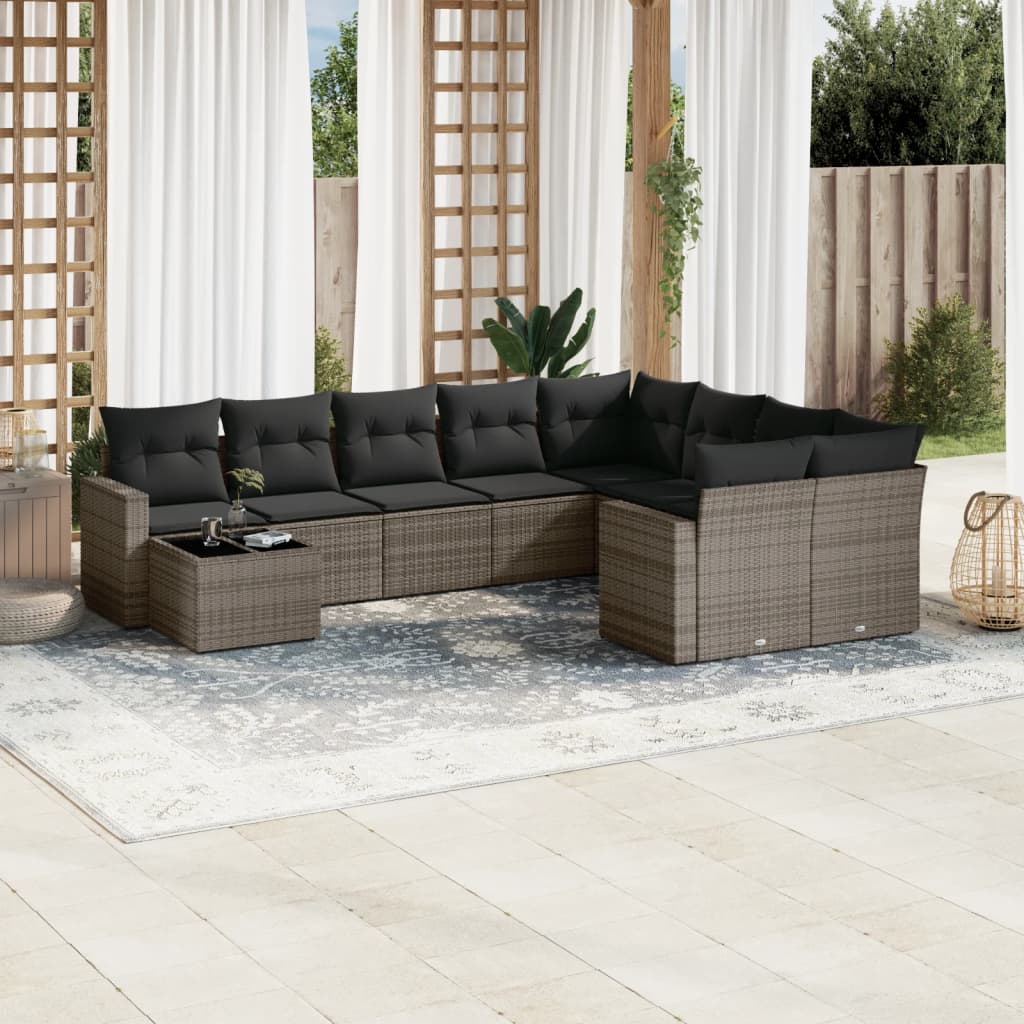 10-tlg. Garten-Sofagarnitur mit Kissen Grau Poly Rattan - Pazzar.ch