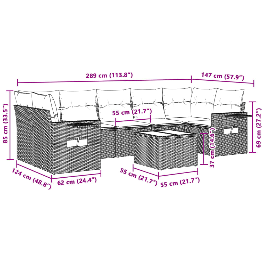 8-tlg. Garten-Sofagarnitur mit Kissen Hellgrau Poly Rattan - Pazzar.ch