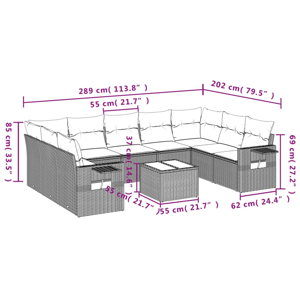 10-tlg. Garten-Sofagarnitur mit Kissen Schwarz Poly Rattan - Pazzar.ch