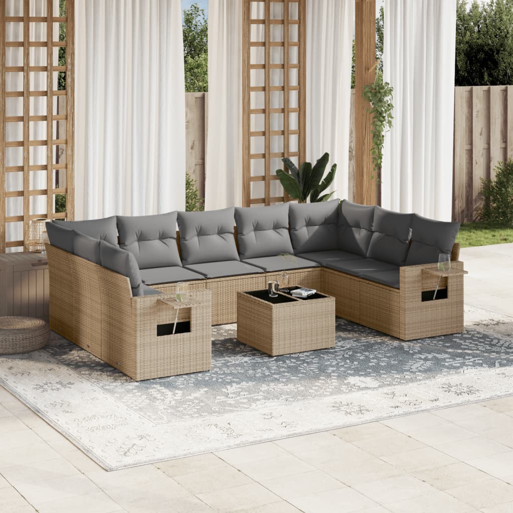 10-tlg. Garten-Sofagarnitur mit Kissen Beige Poly Rattan - Pazzar.ch