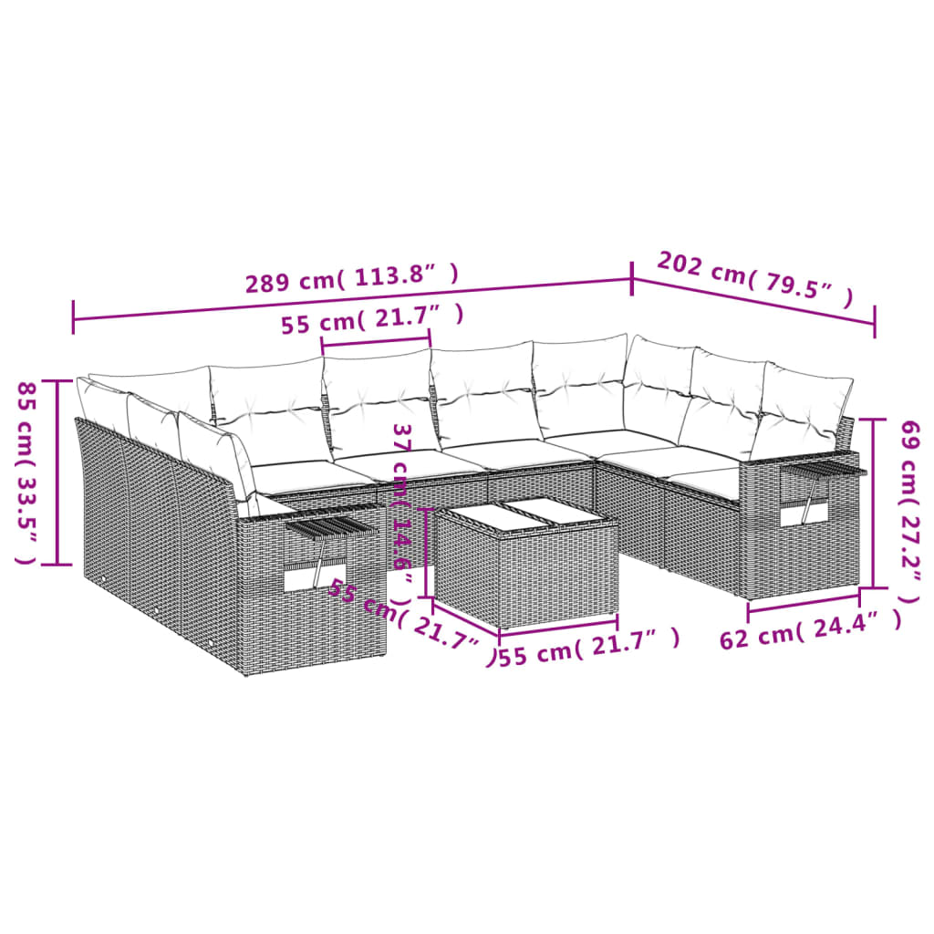 10-tlg. Garten-Sofagarnitur mit Kissen Grau Poly Rattan - Pazzar.ch