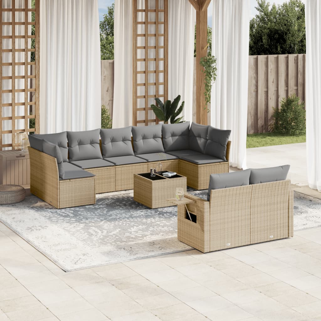 10-tlg. Garten-Sofagarnitur mit Kissen Beige Poly Rattan - Pazzar.ch