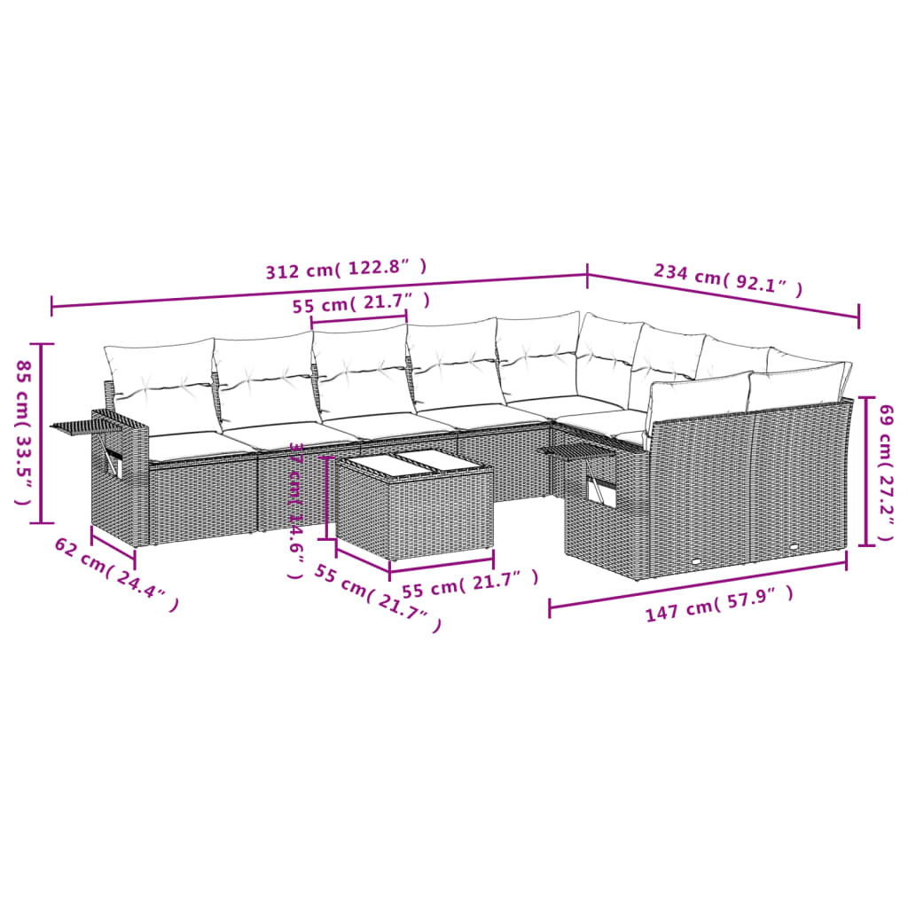 10-tlg. Garten-Sofagarnitur mit Kissen Hellgrau Poly Rattan - Pazzar.ch