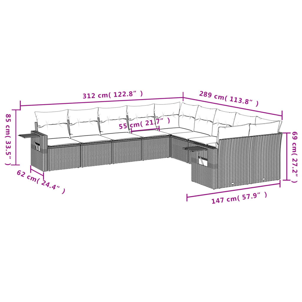 10-tlg. Garten-Sofagarnitur mit Kissen Grau Poly Rattan - Pazzar.ch