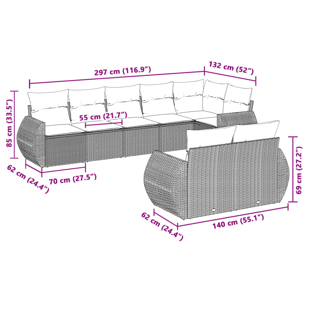 8-tlg. Garten-Sofagarnitur mit Kissen Hellgrau Poly Rattan - Pazzar.ch