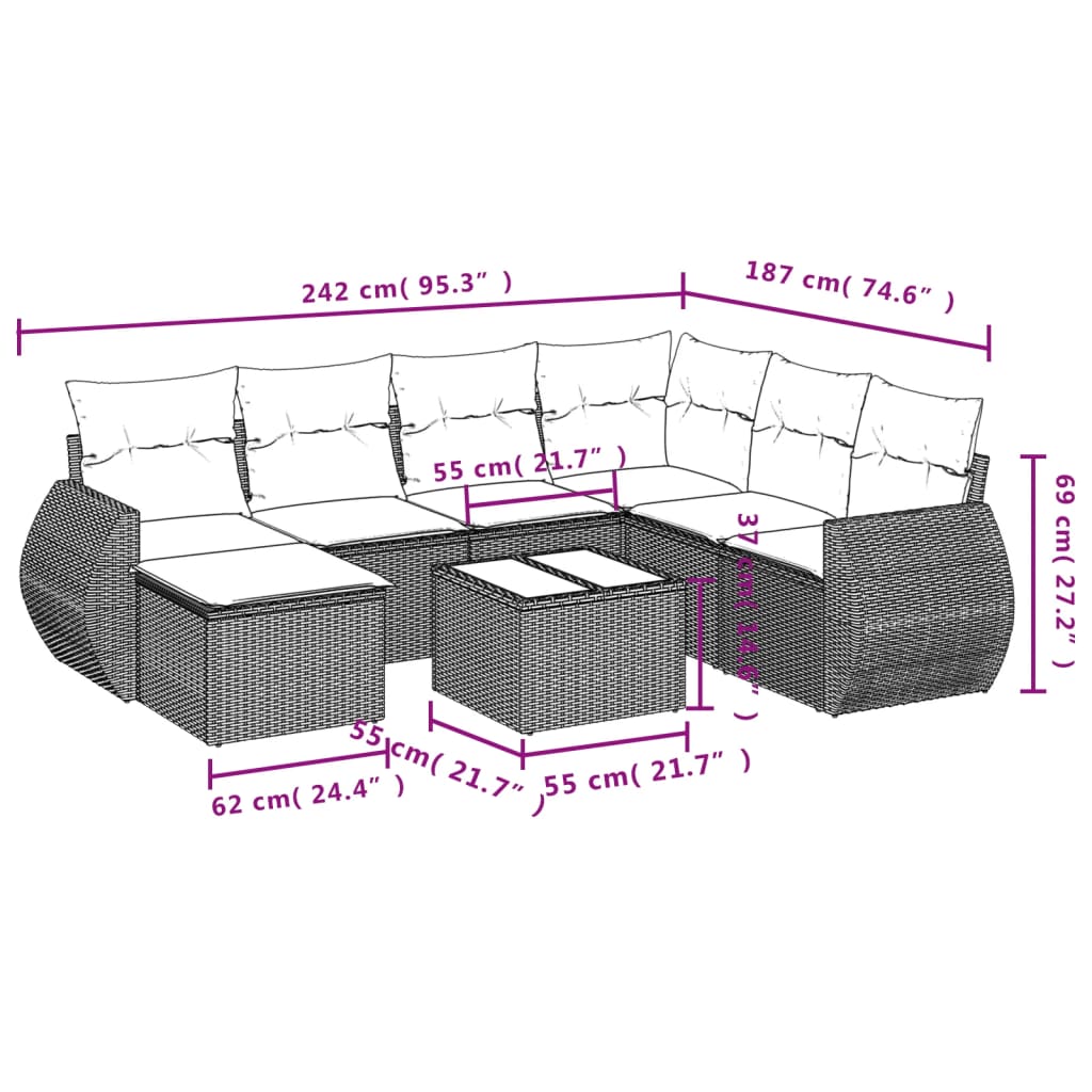 8-tlg. Garten-Sofagarnitur mit Kissen Hellgrau Poly Rattan - Pazzar.ch