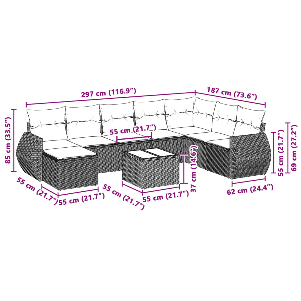 8-tlg. Garten-Sofagarnitur mit Kissen Hellgrau Poly Rattan - Pazzar.ch