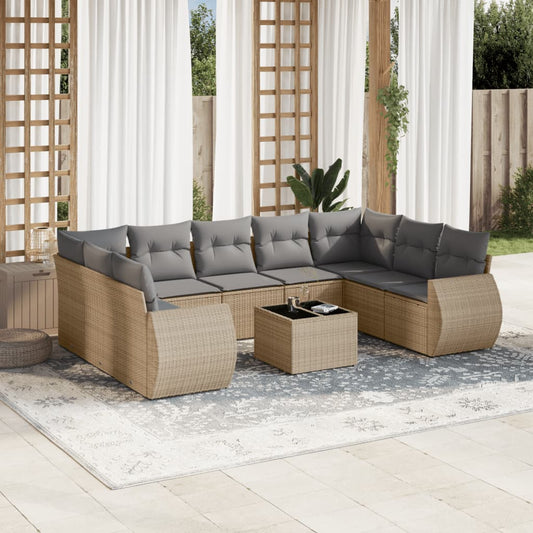 10-tlg. Garten-Sofagarnitur mit Kissen Beige Poly Rattan - Pazzar.ch