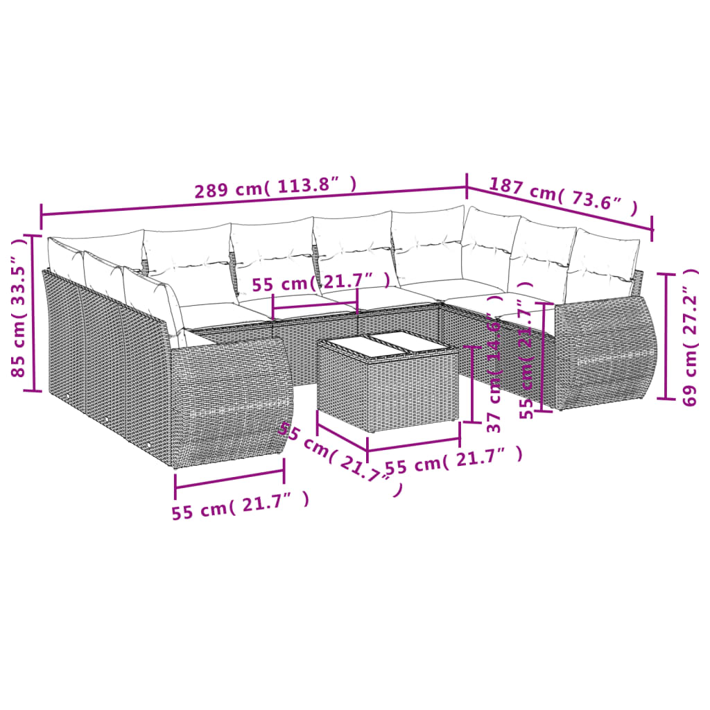 10-tlg. Garten-Sofagarnitur mit Kissen Grau Poly Rattan - Pazzar.ch