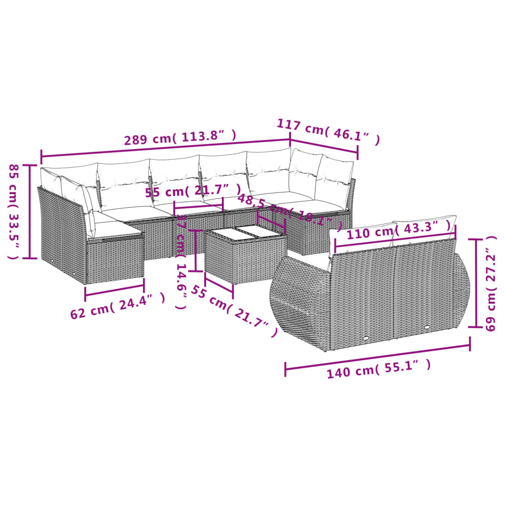 10-tlg. Garten-Sofagarnitur mit Kissen Grau Poly Rattan - Pazzar.ch