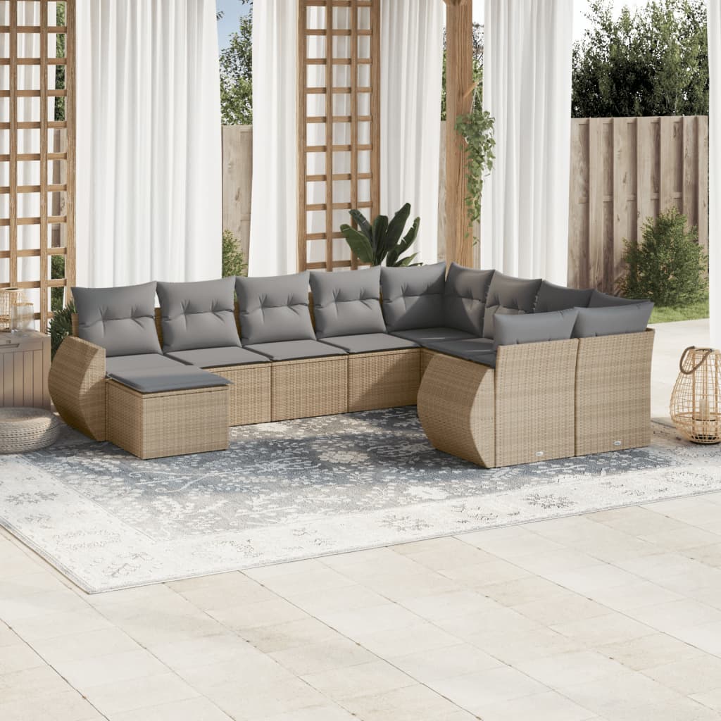 10-tlg. Garten-Sofagarnitur mit Kissen Beige Poly Rattan - Pazzar.ch