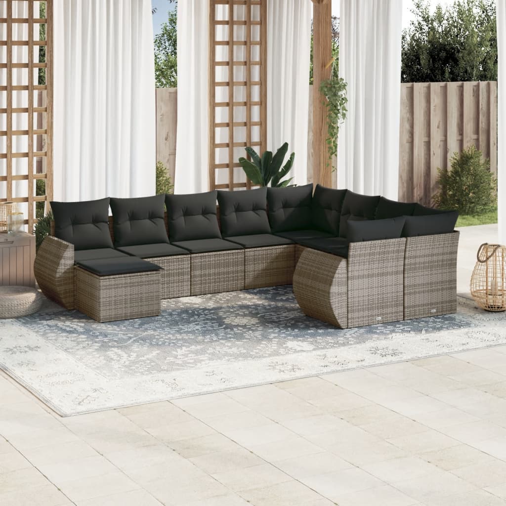 10-tlg. Garten-Sofagarnitur mit Kissen Grau Poly Rattan - Pazzar.ch