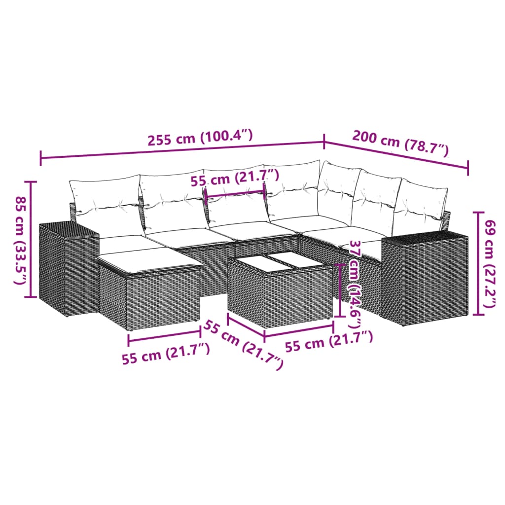 8-tlg. Garten-Sofagarnitur mit Kissen Grau Poly Rattan - Pazzar.ch