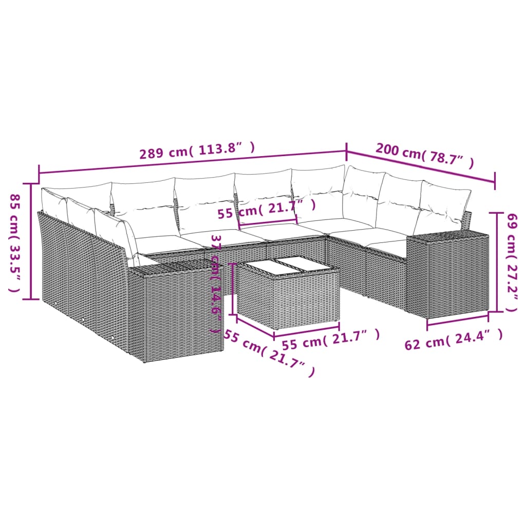 10-tlg. Garten-Sofagarnitur mit Kissen Grau Poly Rattan - Pazzar.ch