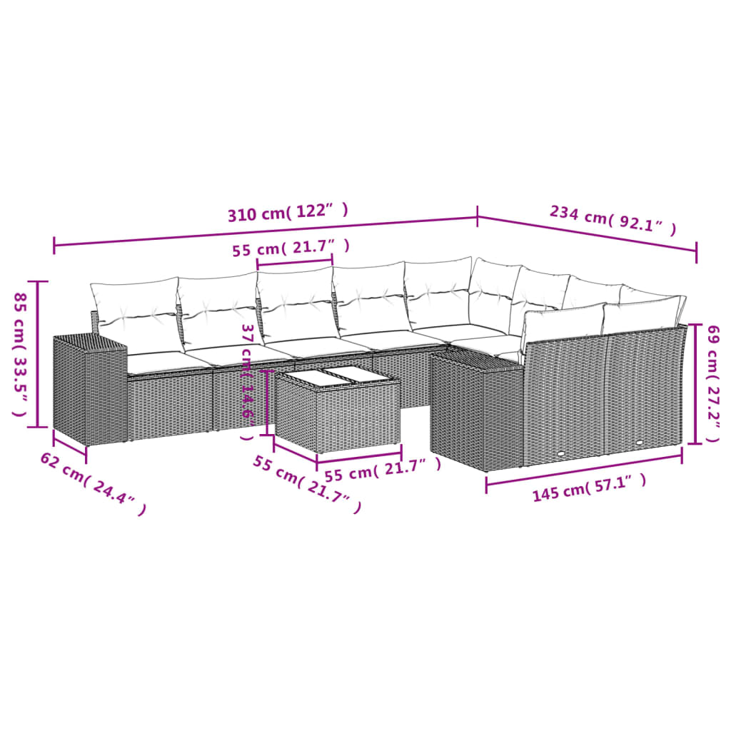 10-tlg. Garten-Sofagarnitur mit Kissen Schwarz Poly Rattan - Pazzar.ch