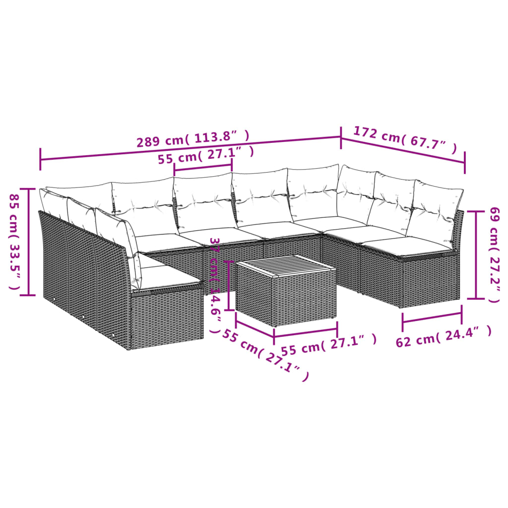 10-tlg. Garten-Sofagarnitur mit Kissen Schwarz Poly Rattan - Pazzar.ch